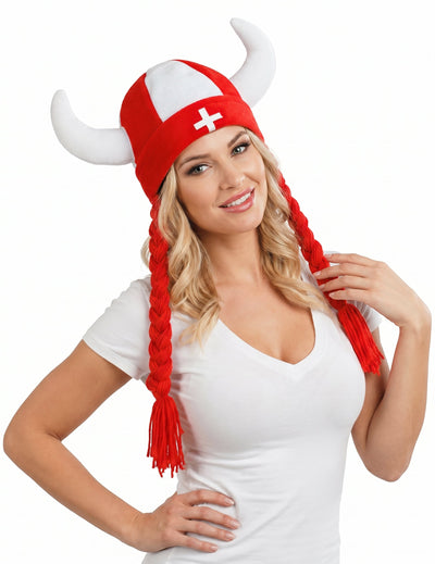 Cască din material textil cu coarne și cosițe de suporter Elveția