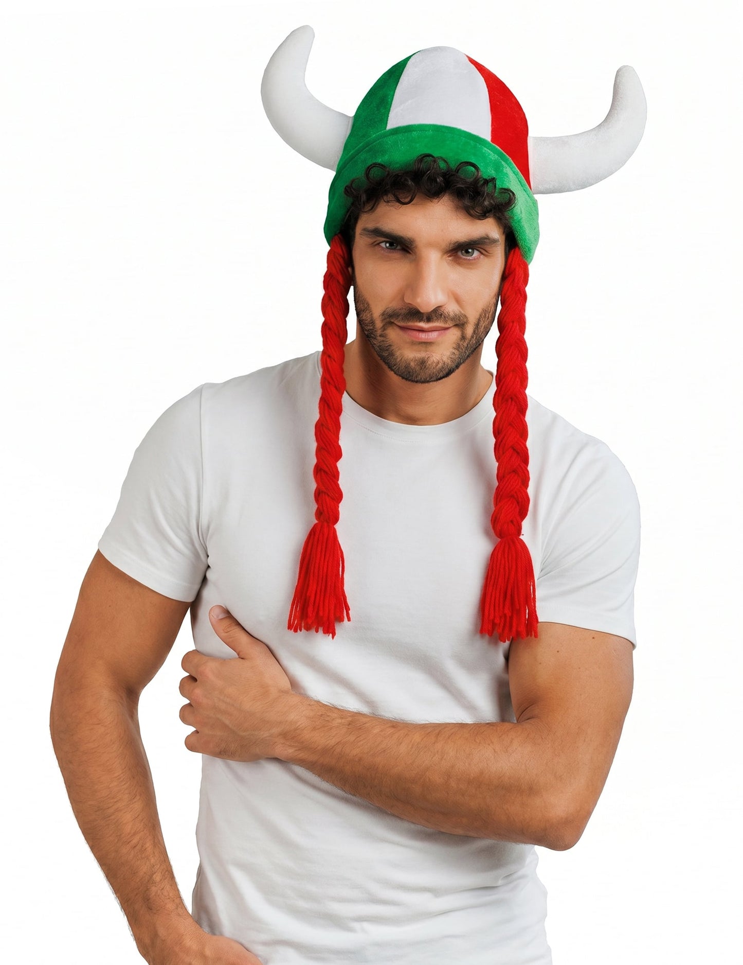 Casque en tissu avec cornes et tresses supporter vert blanc rouge Italie