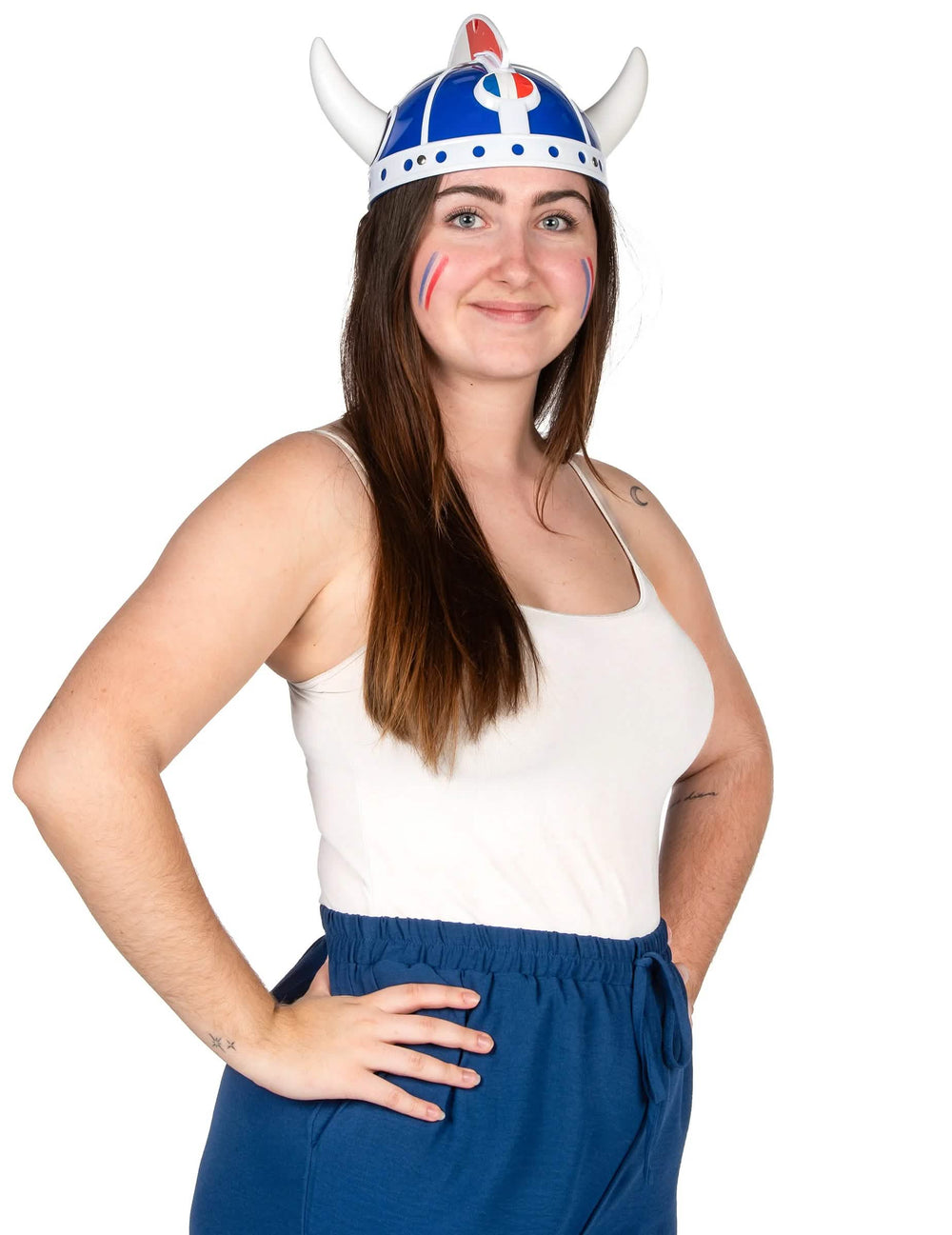 Casque gaulois supporter pour adulte bleu blanc rouge avec cornes