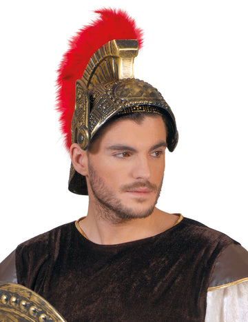 Casca roman pentru adult, aurit, cu pene roșii