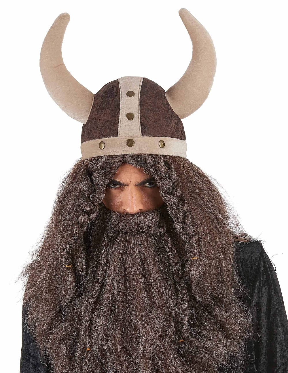 Cască viking flexibilă pentru adult maro cu coarne și barbă