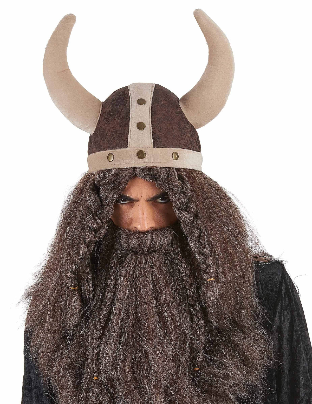 Cască viking flexibilă pentru adult maro cu coarne și barbă