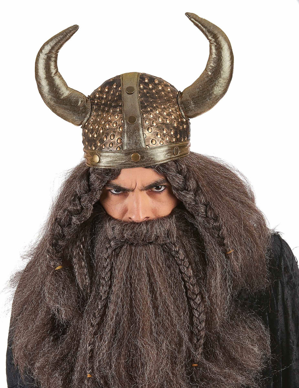 Cască viking pentru adult flexibilă metalizată bronz cu coarne