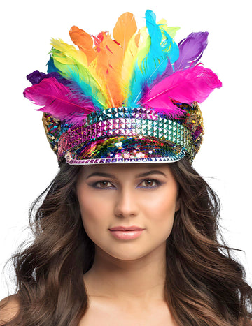 Casquette Arc-en-ciel avec sequins et plumes adulte