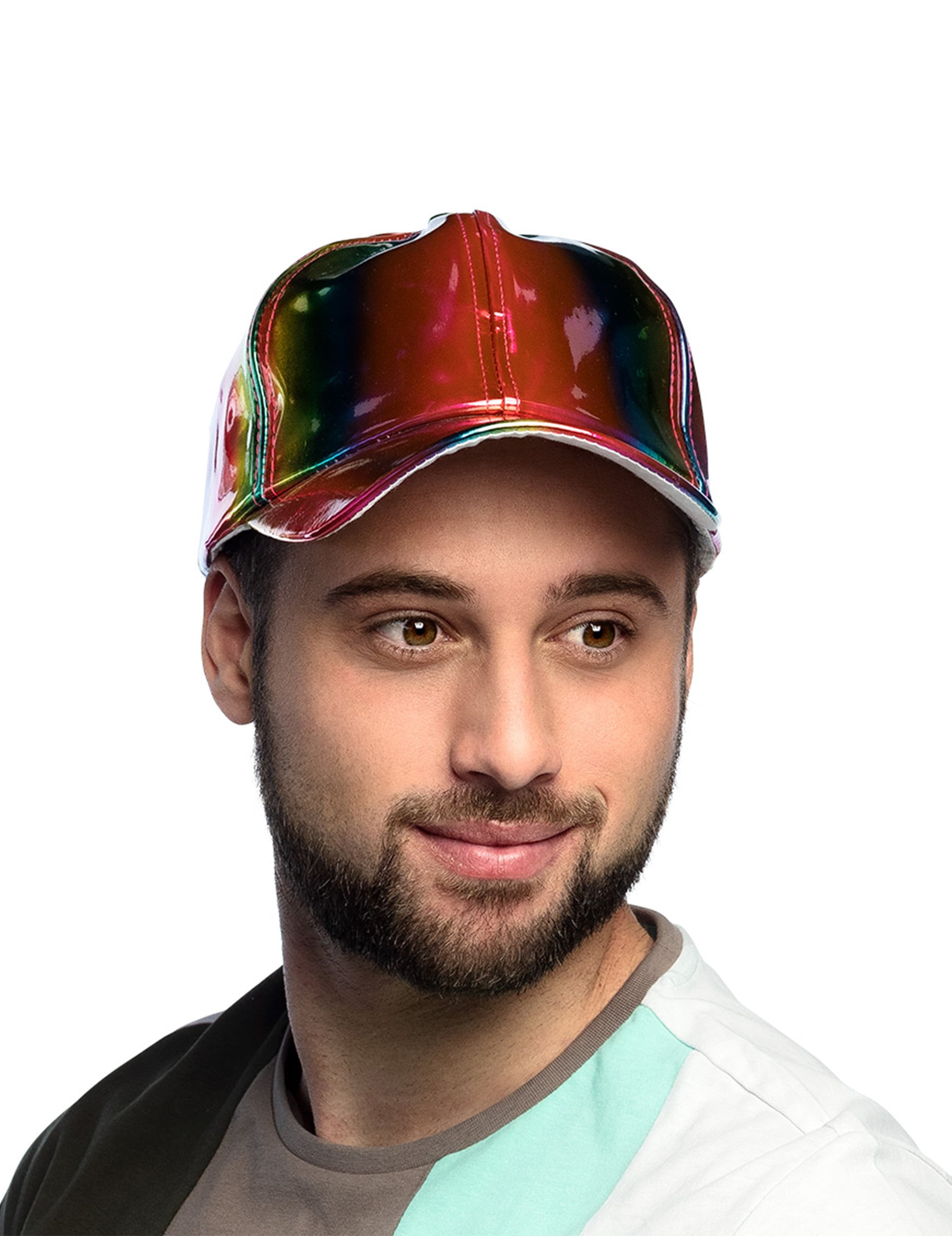 Vue de trois-quarts de la casquette multicolore iridescente
