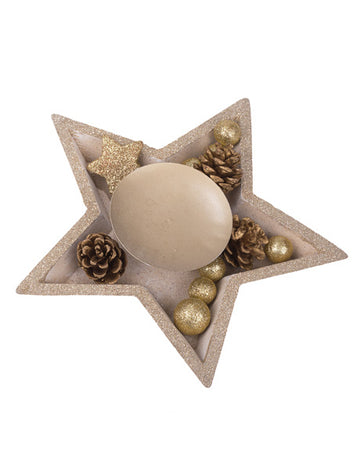 Suport central din lemn, suport pentru lumânări în formă de stea, sclipici auriu, 24,5 cm de Crăciun
