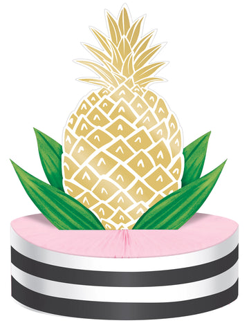 Centru de masă din carton, ananas auriu, 23 x 30,5 cm bază roz cu fagure de miere
