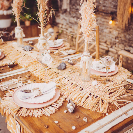 Centru de masă Bali din rafie rotund 36 cm cu franjuri 