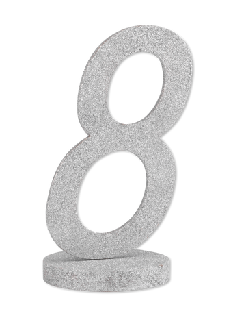 Centre de table chiffre 8 pour fête argenté à paillettes avec socle en bois