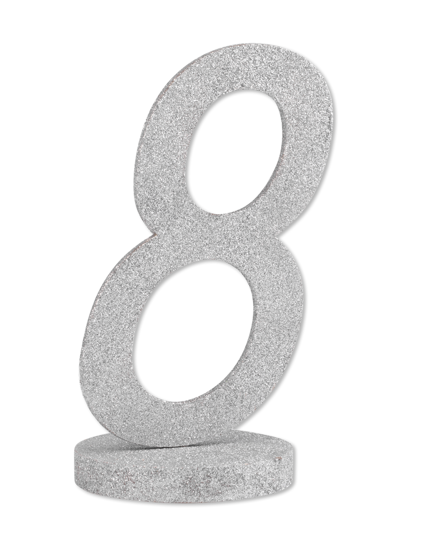 Centre de table chiffre 8 pour fête argenté à paillettes avec socle en bois