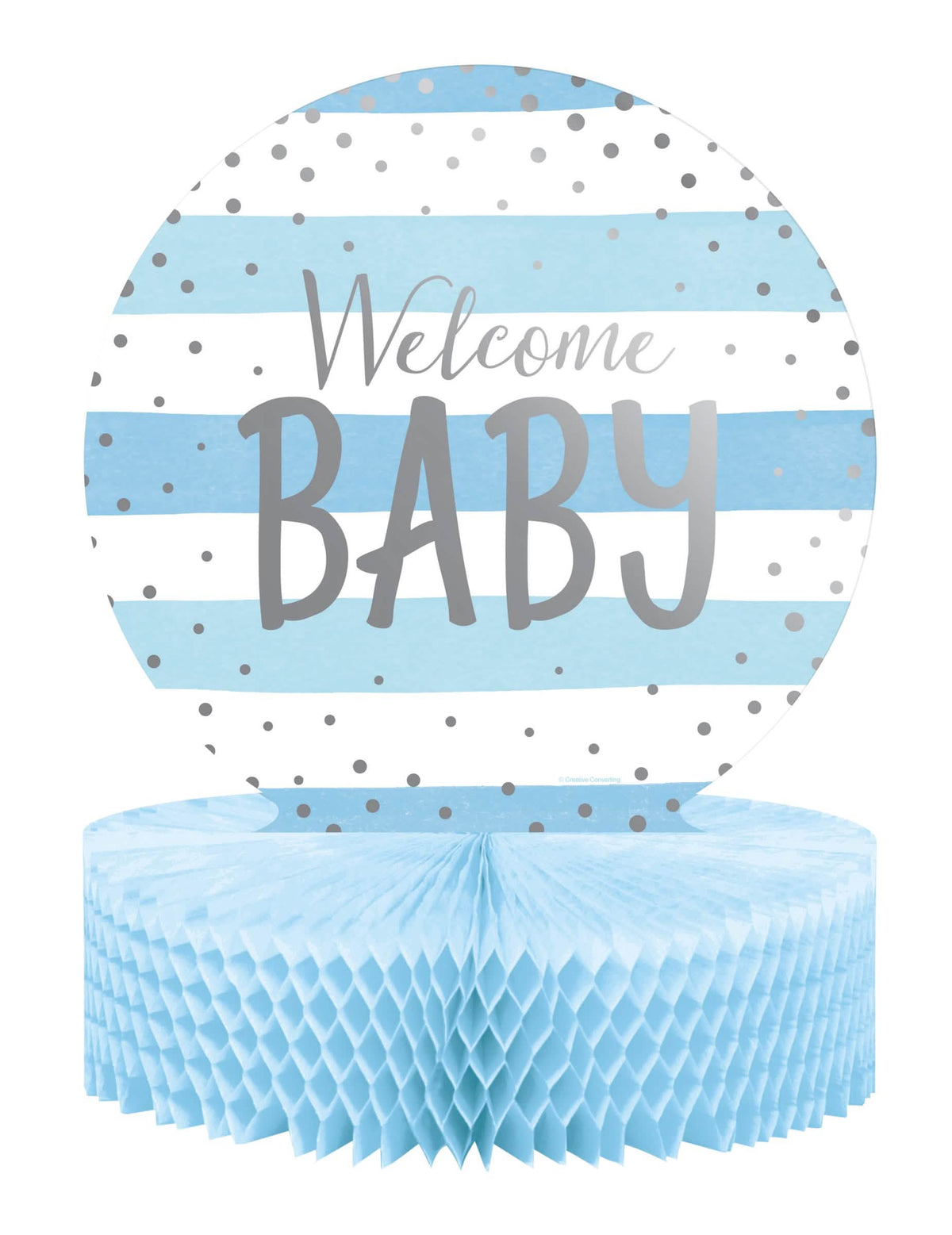 Centru de masă din hârtie alvéolată Welcome Baby pentru baby shower albastru și alb
