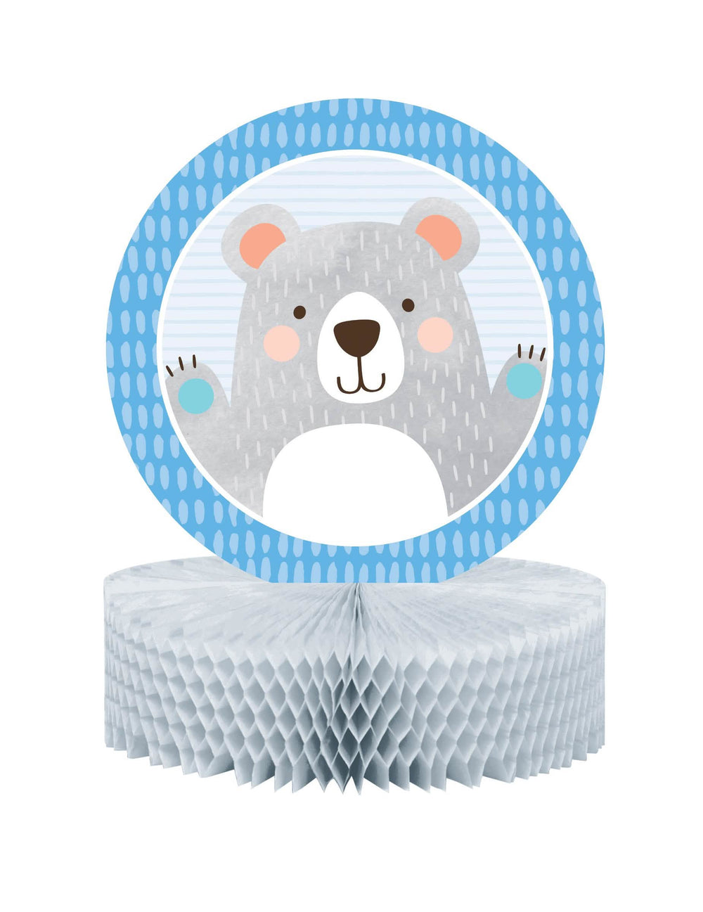 Centru de masă din hârtie alveolată cu mici urși pentru baby shower gri și albastru