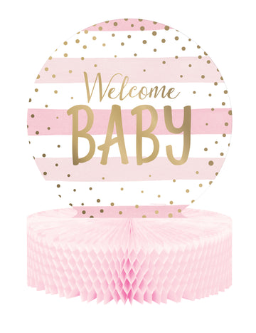Centru de masă din hârtie fagure roz și alb, bun venit bebelușului