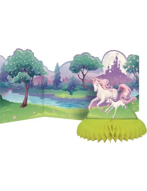 Centru de masă din carton unicorni magic pentru copil cu decor de peisaj și bază alveolată verde