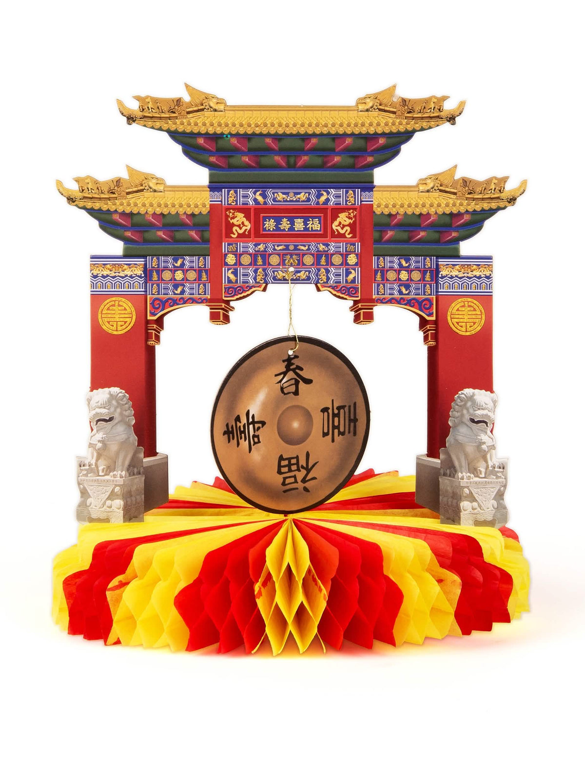 Centru de masă monument chinezesc roșu și galben cu gong și lei