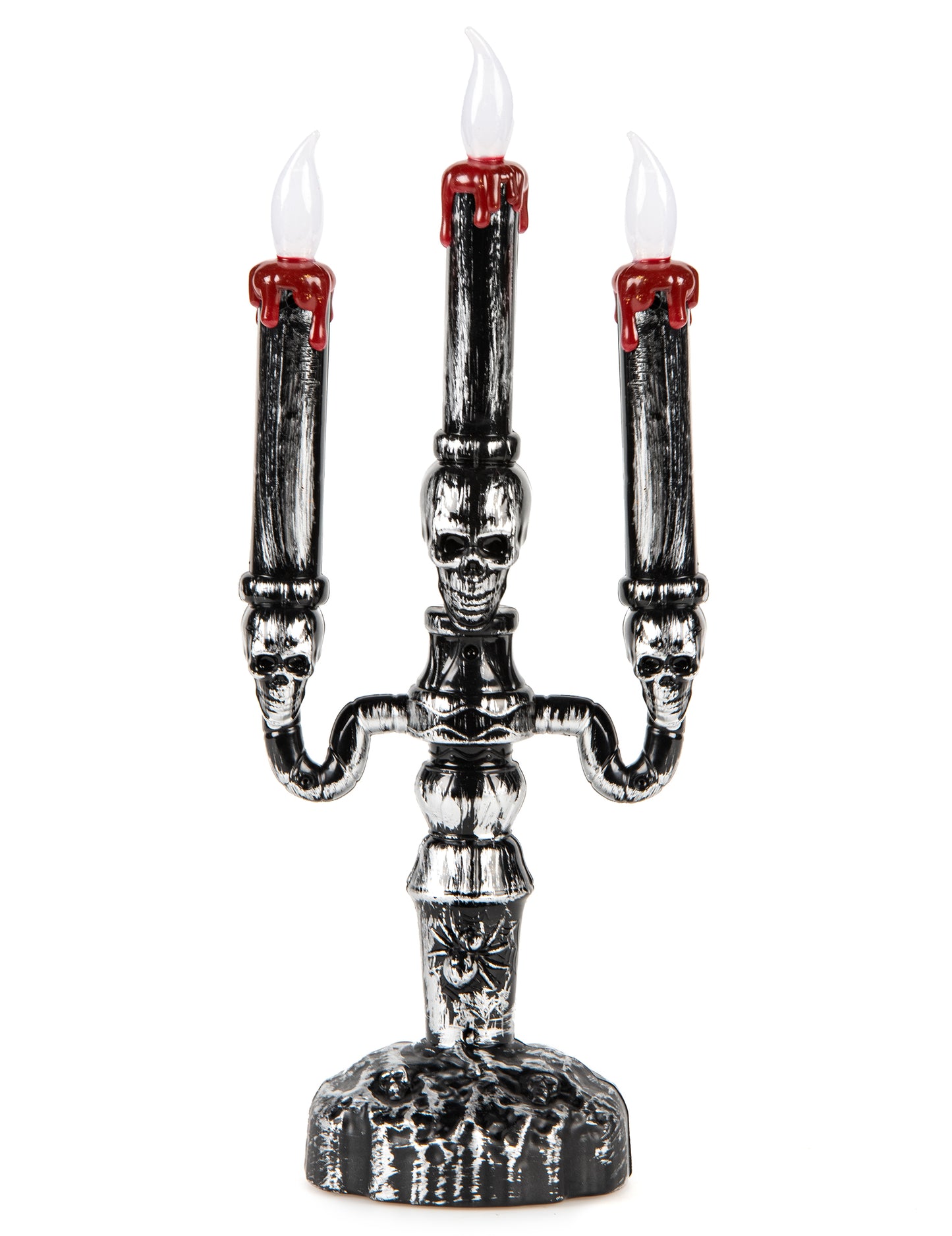 Chandelier à 3 branches LED Halloween pour décoration argent et noir avec têtes de mort et cire rouge