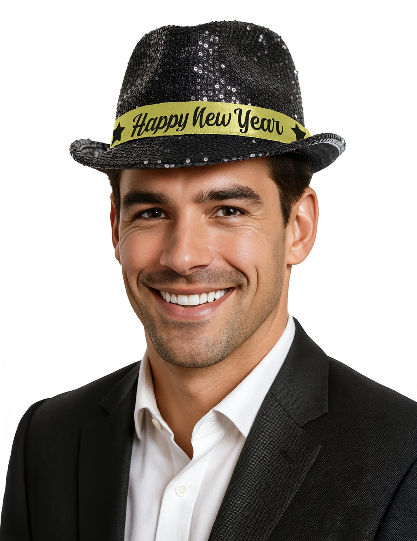 Pălărie neagră cu paiete pentru adulți, Anul Nou Fericit