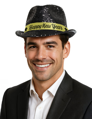 Pălărie neagră cu paiete pentru adulți, Anul Nou Fericit