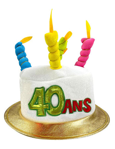 Chapeau anniversaire 40 ans pour adulte blanc en forme de gâteau avec bougies colorées
