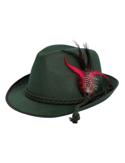 Chapeau bavarois pour adulte vert foncé avec plumes rouges et noires