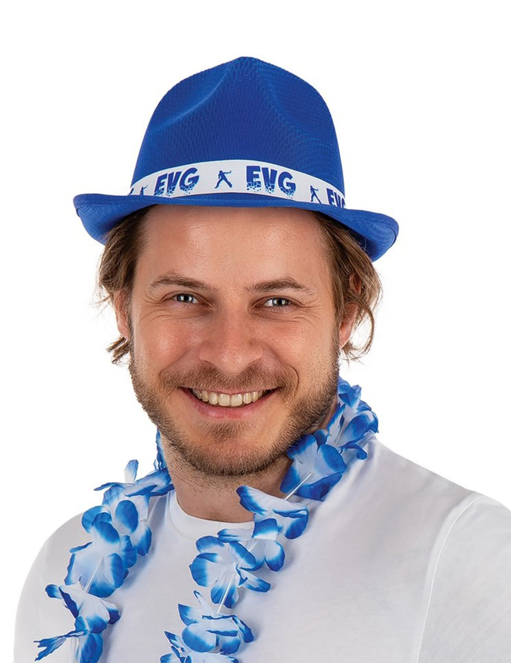 Chapeau EVG pour adulte bleu avec ruban blanc imprimé
