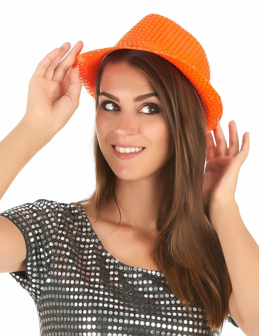 Vue de face portée du chapeau borsalino à sequins pour adulte orange