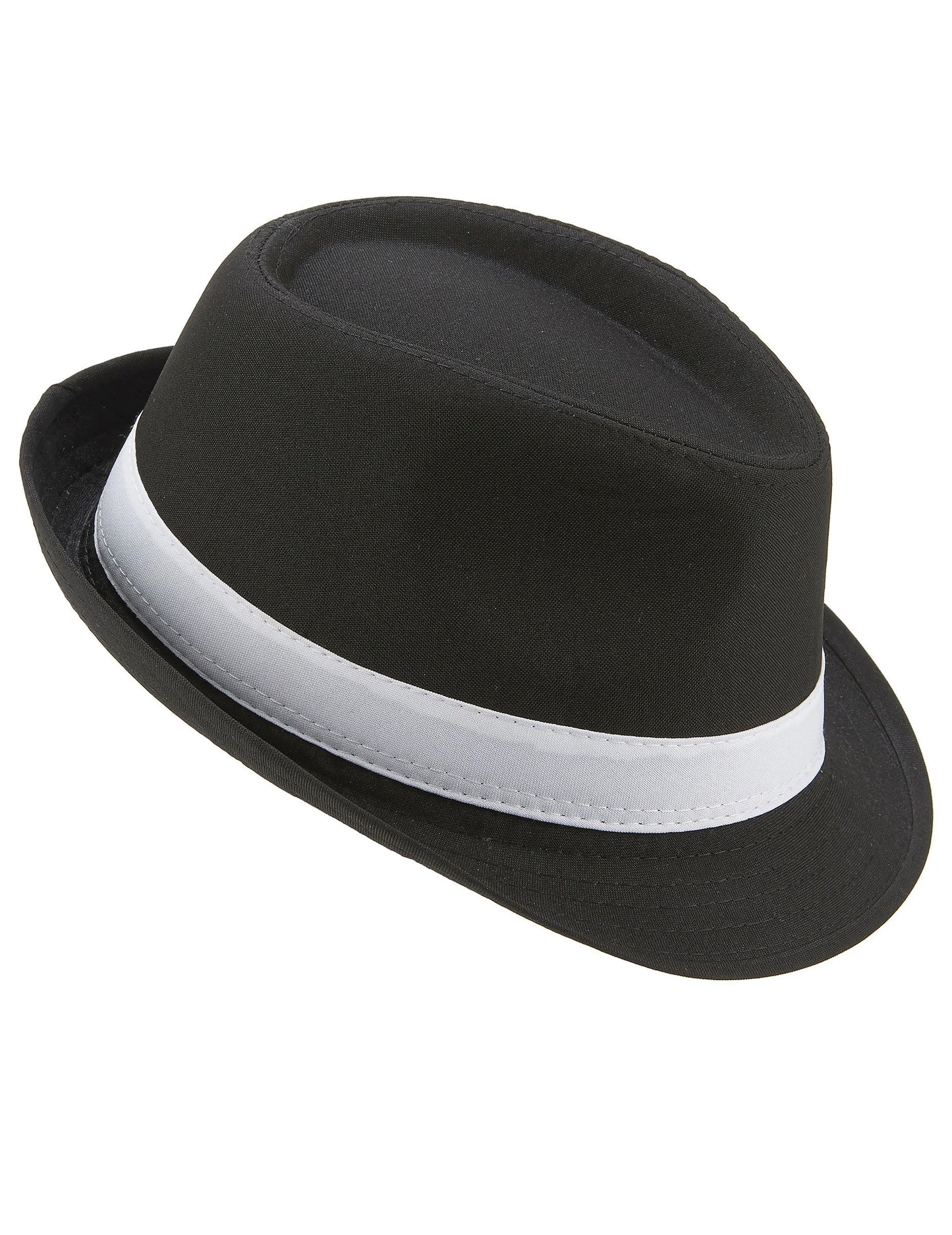 Vue de profil du chapeau borsalino luxe pour adulte noir avec bande blanche