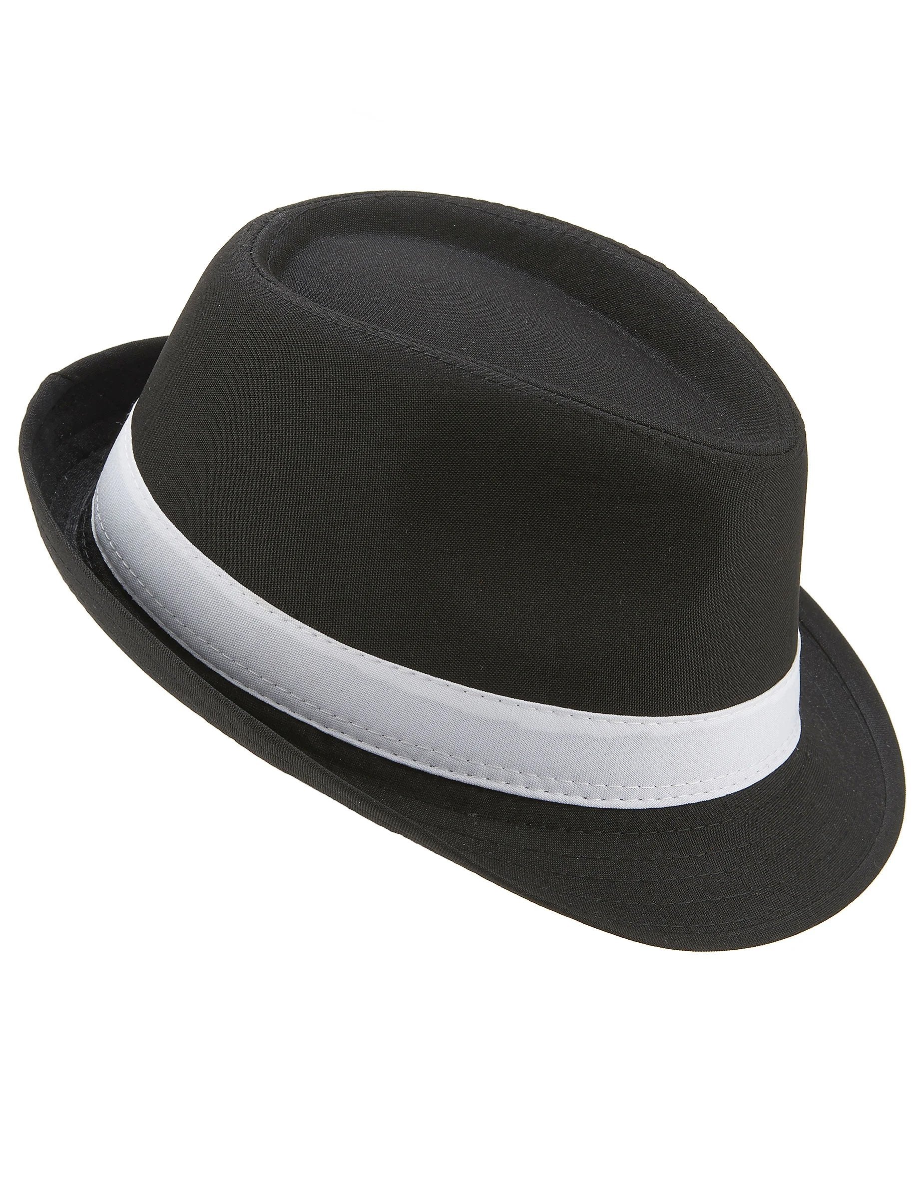 Vue de profil du chapeau borsalino luxe pour adulte noir avec bande blanche