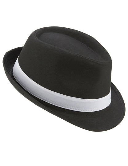 Vue de profil du chapeau borsalino luxe pour adulte noir avec bande blanche