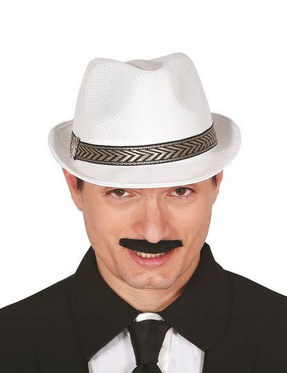 Chapeau borsalino trilby pour adulte blanc avec ruban à motifs chevrons