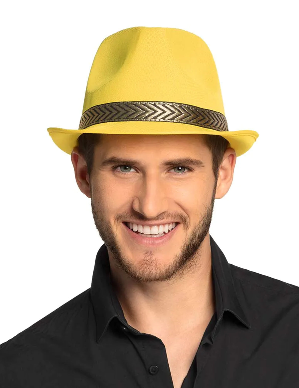 Chapeau borsalino trilby pour adulte jaune avec ruban à motifs chevrons