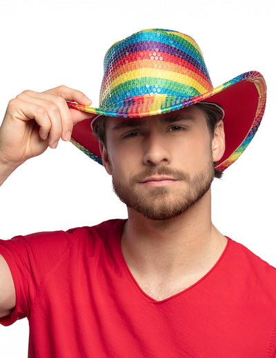 Chapeau de cowboy à paillettes arc en ciel pour adulte multicolore