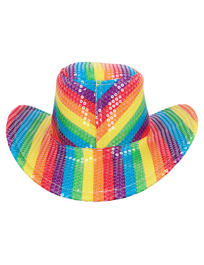 Vue de dos du chapeau de cowboy à paillettes arc en ciel