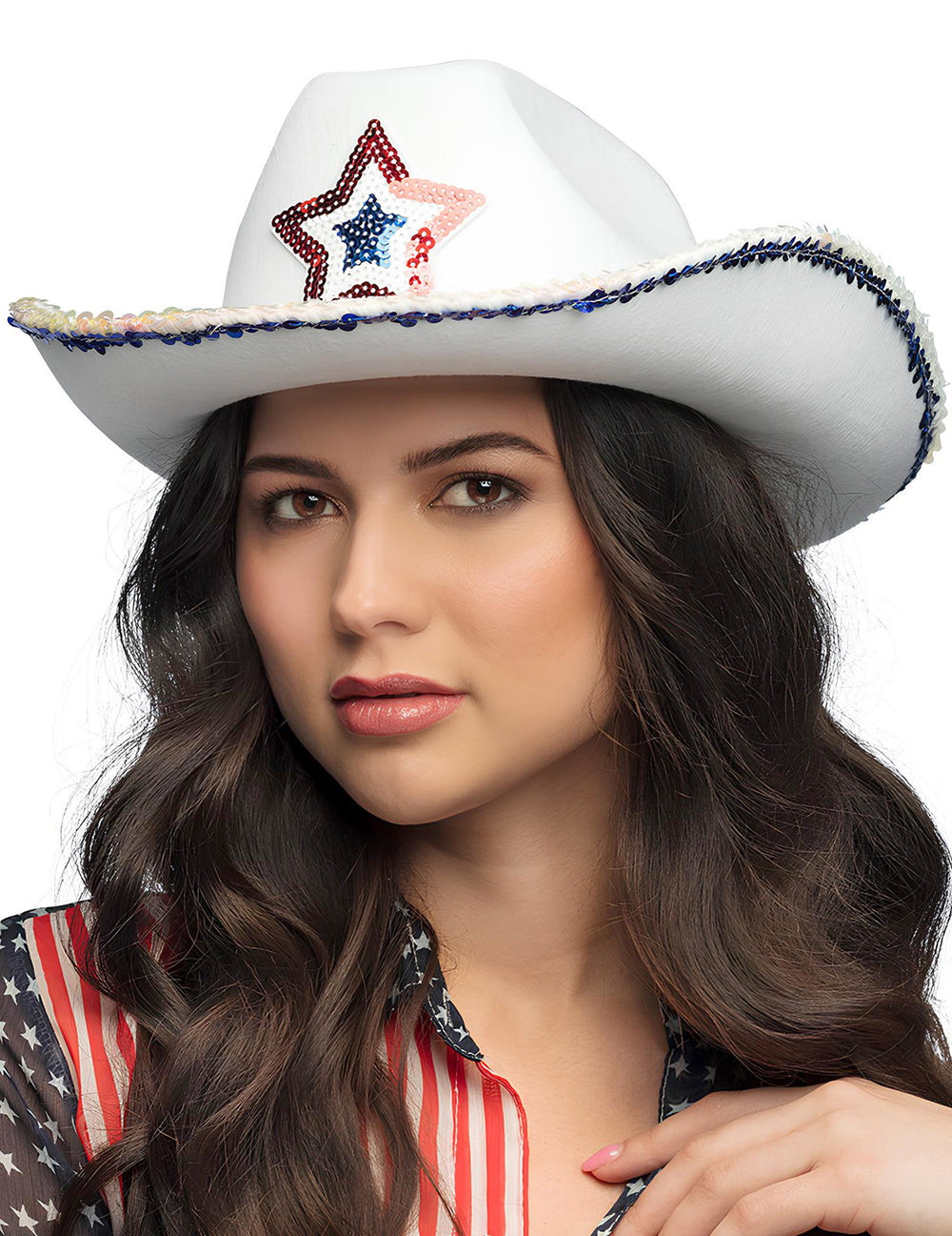 Chapeau de cowboy USA pour adulte blanc avec étoile à paillettes