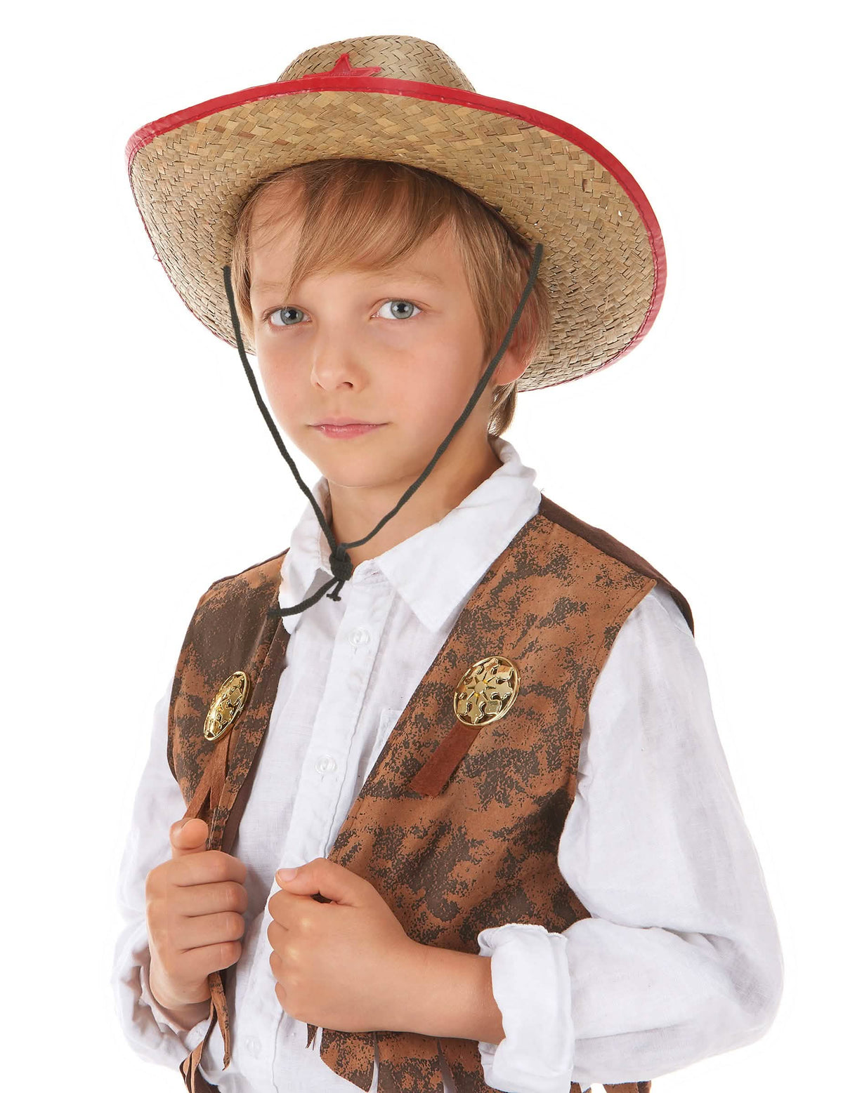 Pălărie cowboy din vest din paie pentru copil cu margine roșu și stea