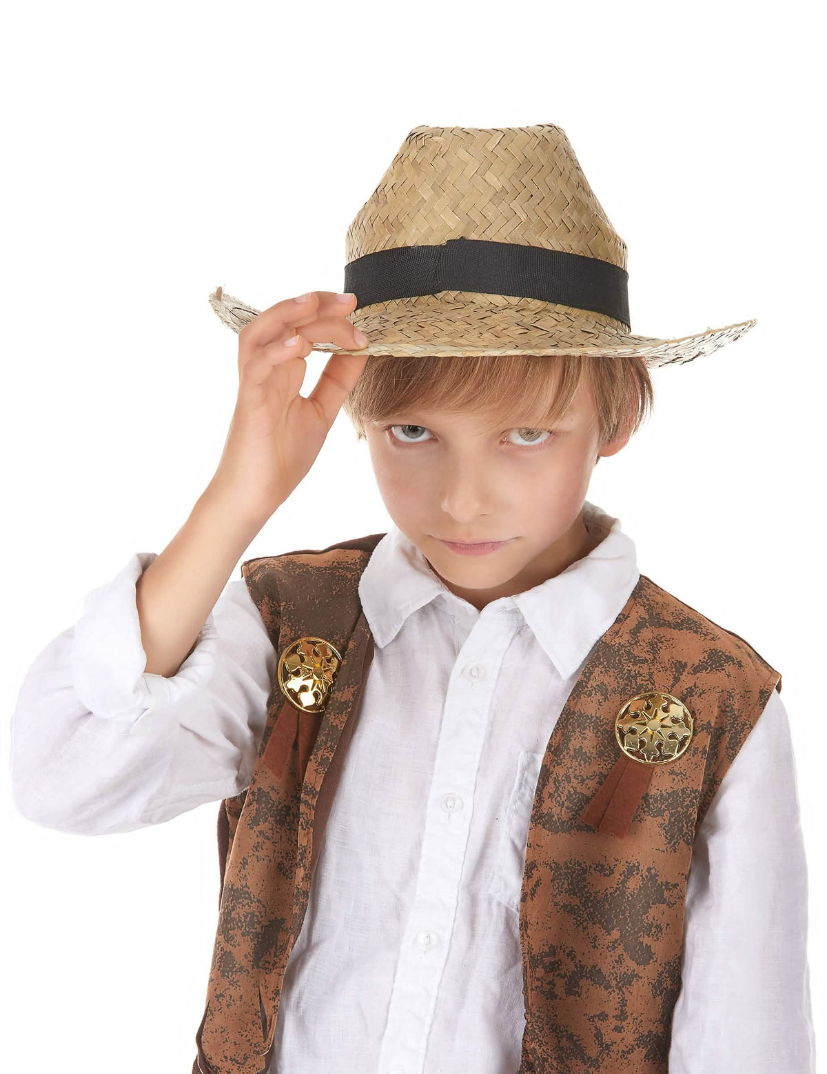 Pălărie de cowboy din paie pentru copil cu panglică neagră
