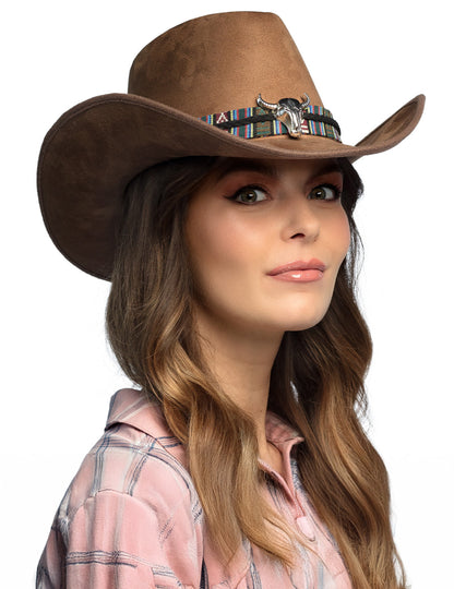 Pălărie de cowboy maro cu cap de bivol adult