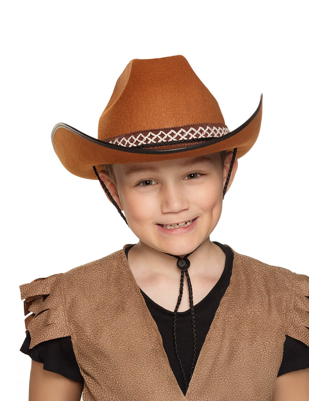 Pălărie de cowboy pentru copil maro cu bordură împletită albă