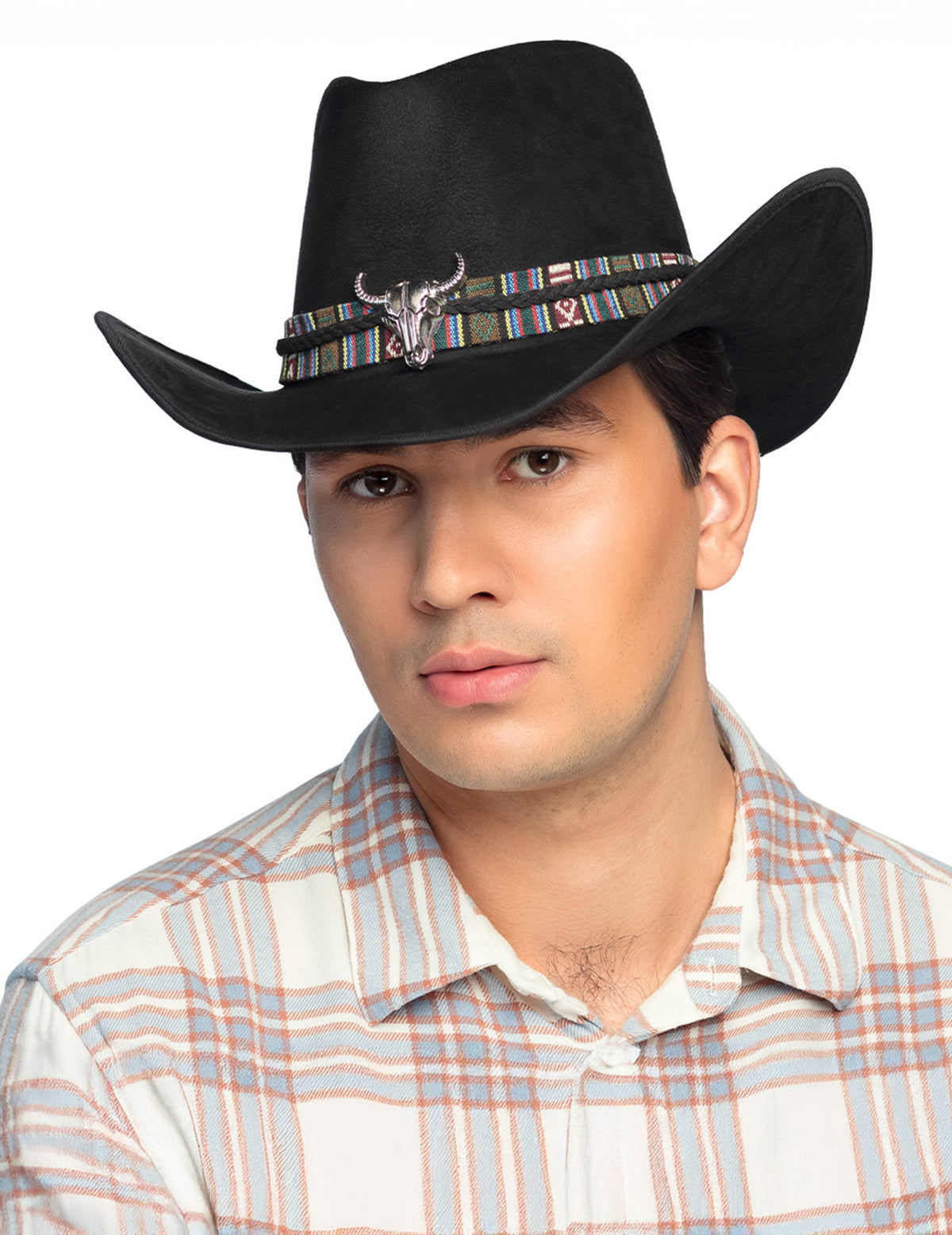 Chapeau de cowboy à tête de buffle pour adulte noir avec bandeau coloré