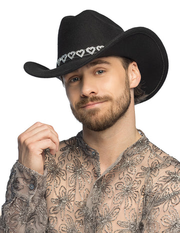 Pălărie de cowboy neagră cu inimi strălucitoare pentru adulți 