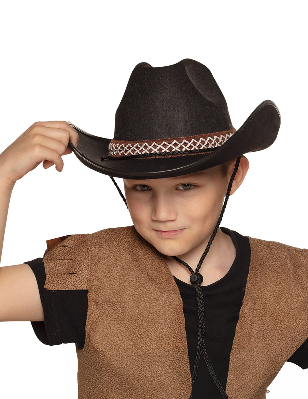 Chapeau cowboy pour enfant noir avec galon marron et blanc
