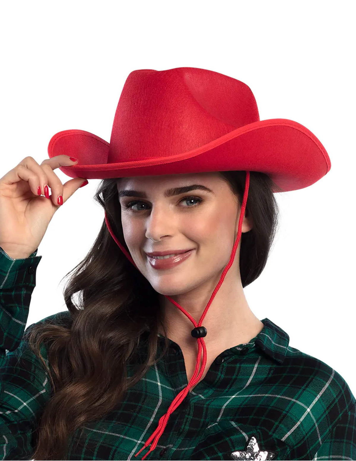Pălărie de cowboy pentru adult roșu cu cordon de strângere