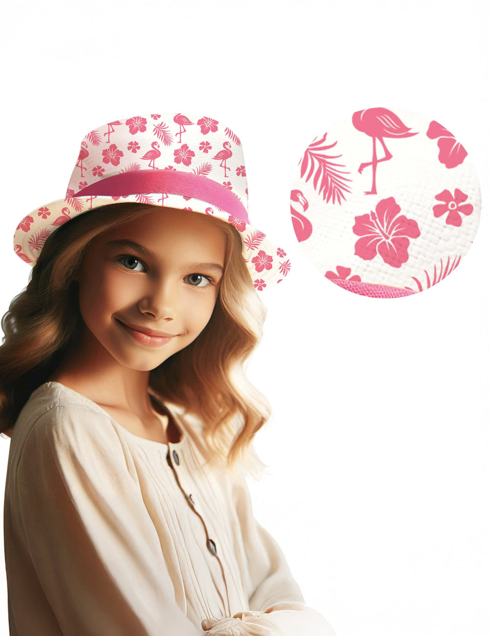 Chapeau d'été flamant rose pour enfant blanc et rose avec motifs tropicaux