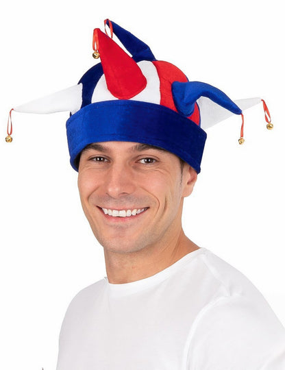 Vue de face du chapeau de bouffon tricolore supporter France
