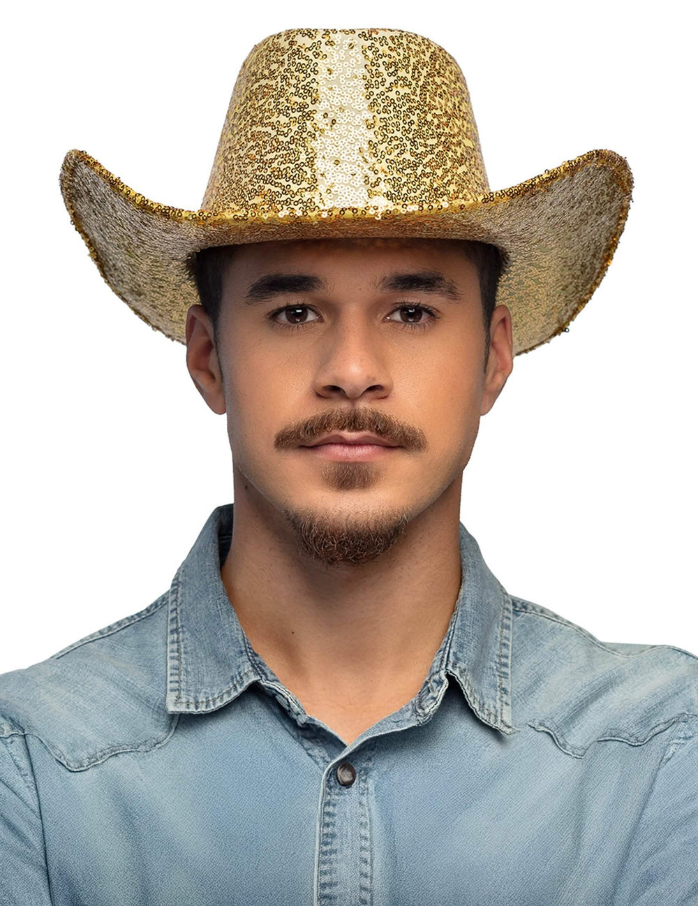 Vue de face du chapeau de cowboy à sequins pour adulte doré