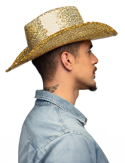 Pălărie de cowboy cu paiete aurii pentru adulți