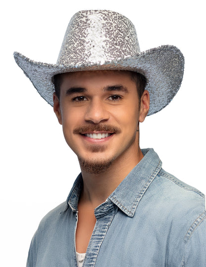 Pălărie de cowboy cu paiete argintii pentru adulți