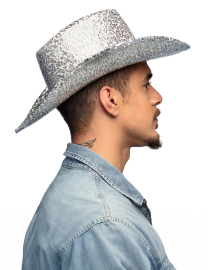 Pălărie de cowboy cu paiete argintii pentru adulți
