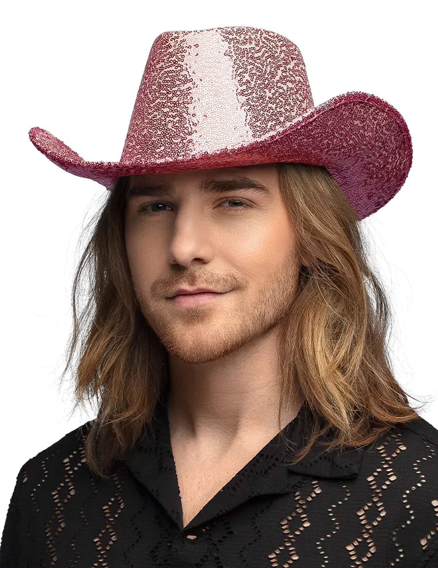 Pălărie de cowboy cu paiete roz deschis pentru adulți