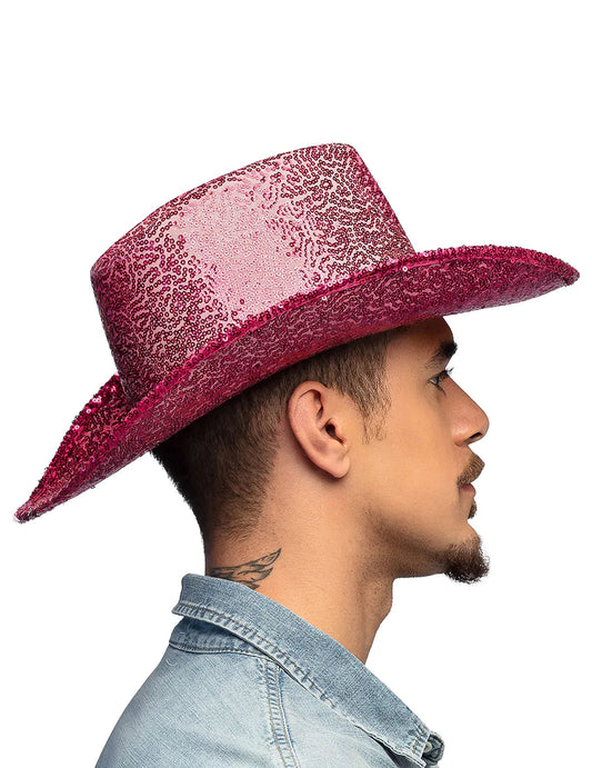 Vue de profil du chapeau de cowboy à sequins rose fuchsia